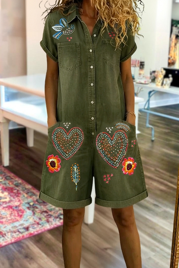 Retro Floral And Bird Heart Romper
