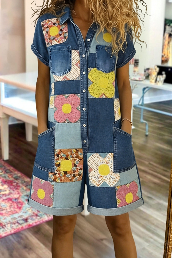 Color-Blocked Floral Patchwork Romper