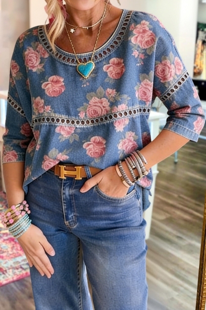 Gentle Rose Patchwork Hollow Out Top