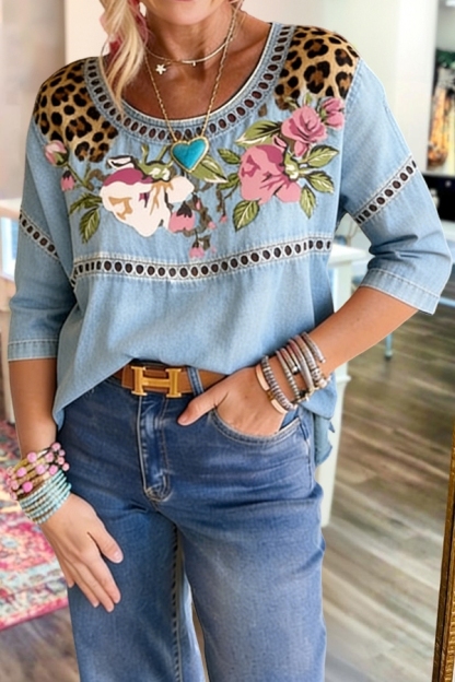 Leopard Print Floral Patchwork Cutout Top
