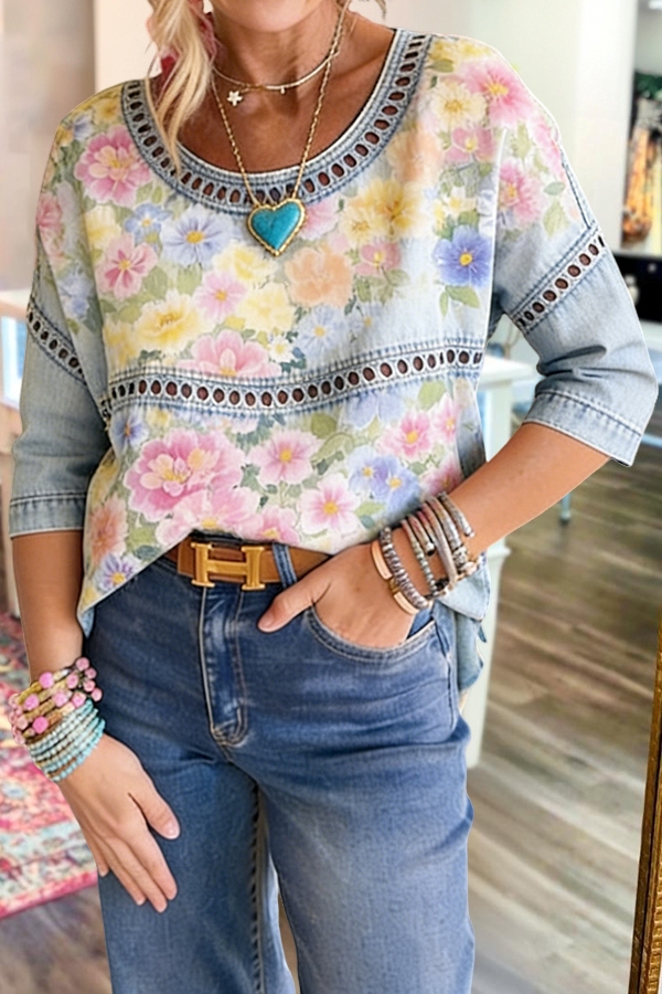 Cute Floral Patchwork Hollow Top