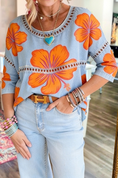 Floral Color Blocked Hollowed Out Top