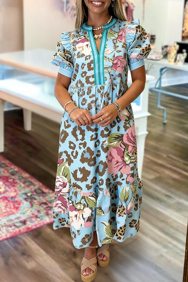 Leopard Print Floral Ruffle Puff Sleeve Maxi Dress