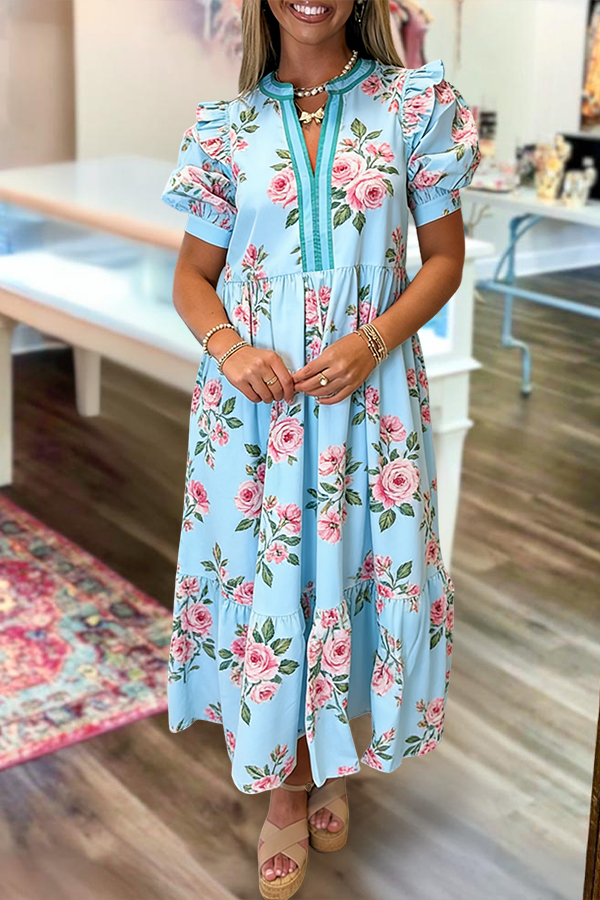 Rose Puff Sleeved Maxi Dress