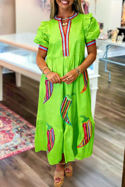 Cinco De Mayo Chili Pepper Puff Sleeve Maxi Dress