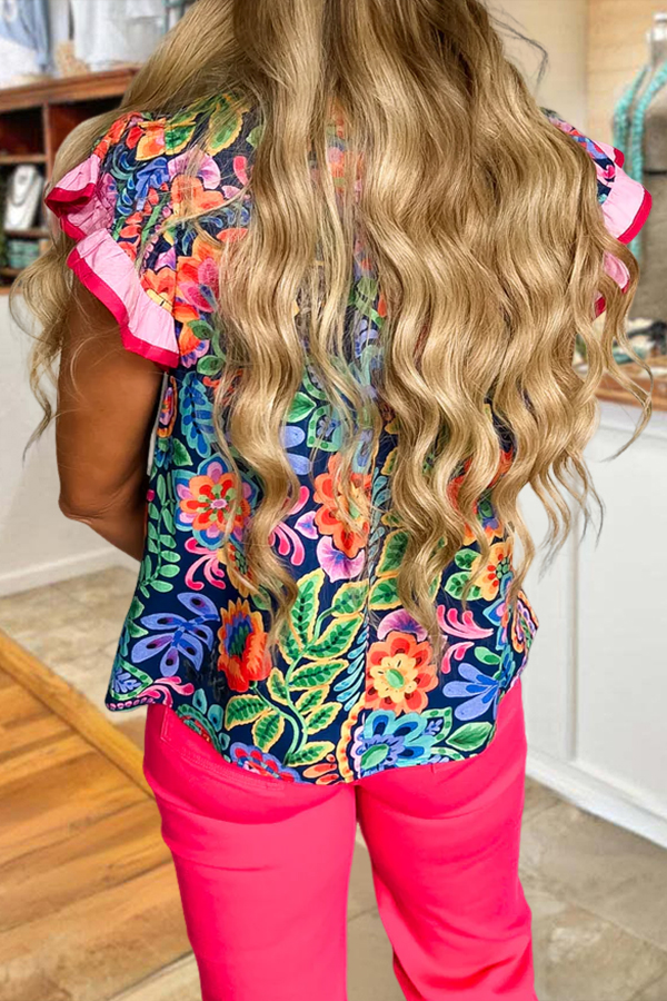 Floral Paisley Color Blocked Ruffle Top