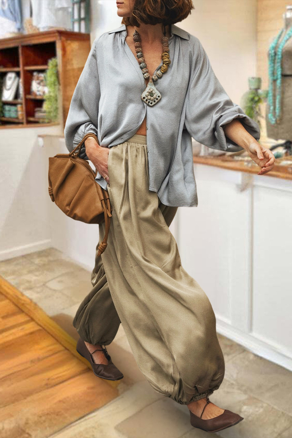 Flowy Satin Puff Sleeve Shirt