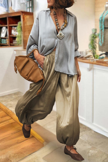 Flowy Satin Puff Sleeve Shirt