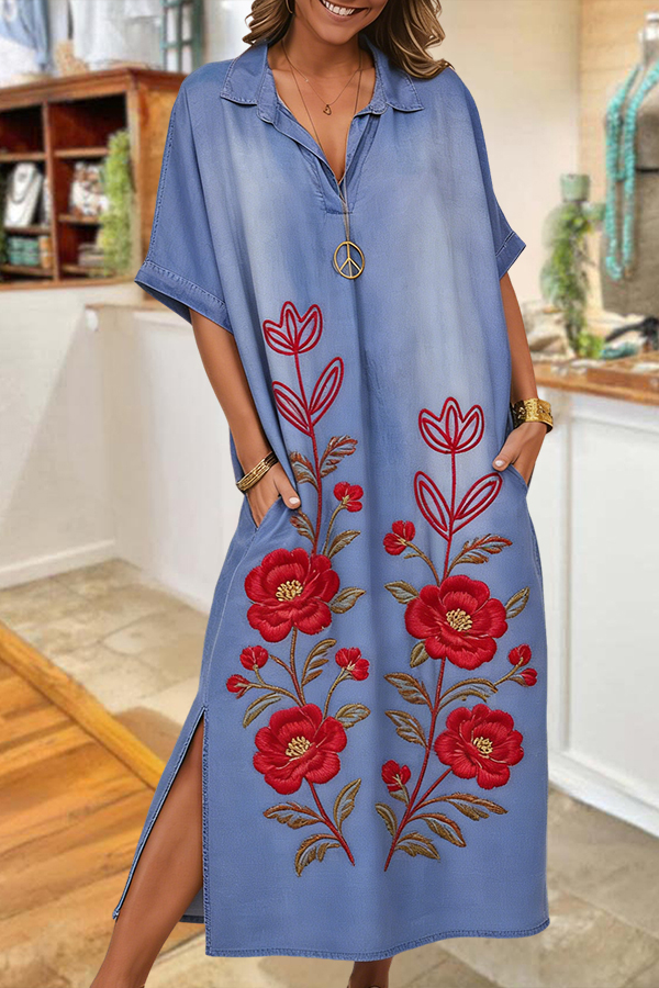 Color Blocked Rose Slit Casual Maxi Dress