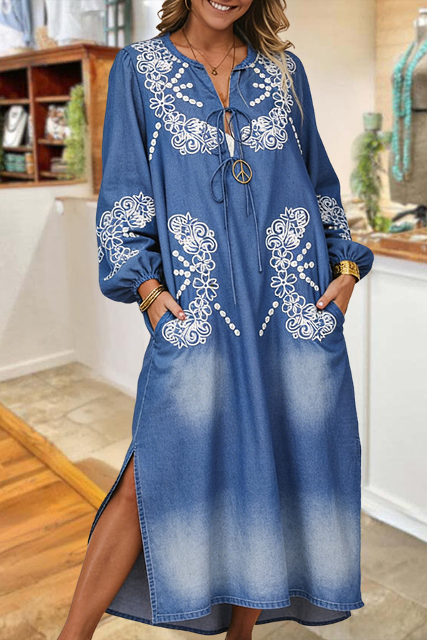 Bohemian Print Tie Up Slit Puff Sleeve Maxi Dress