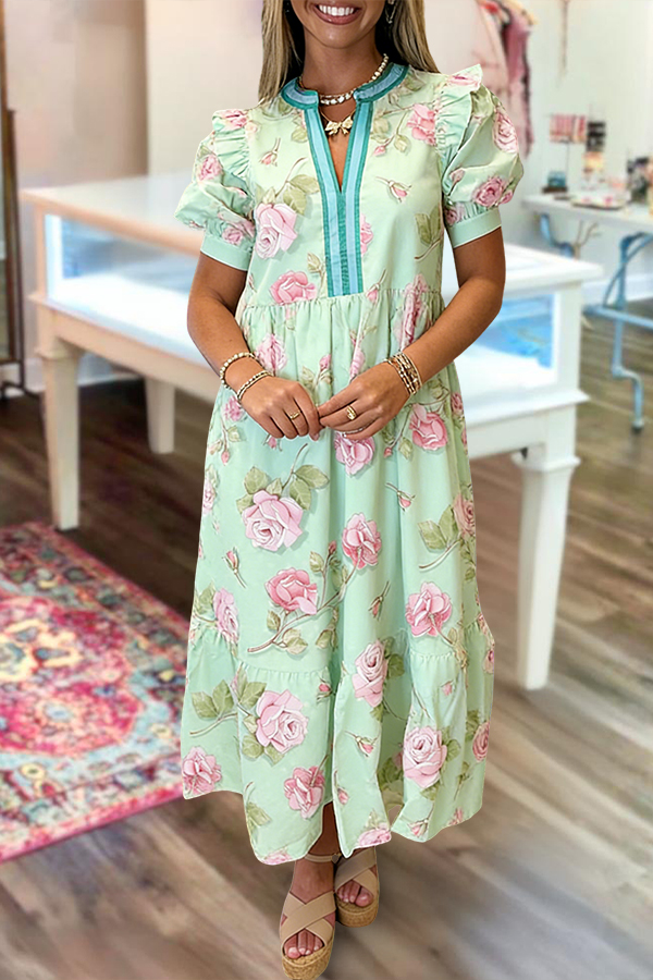 Color Blocked Floral Puff Sleeve Maxi Dress