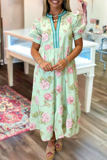 Color Blocked Floral Puff Sleeve Maxi Dress