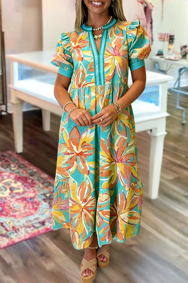 Color Blocked Vacation Floral Puff Sleeve Maxi Dress