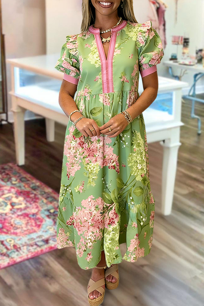 Floral Color Blocked Puff Sleeve Maxi Dress