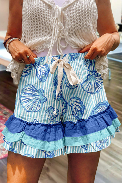 Beach Striped Seashell Ruffle Shorts