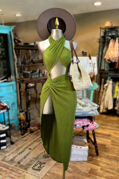 Crossover Halterneck Knitted Slit Dress