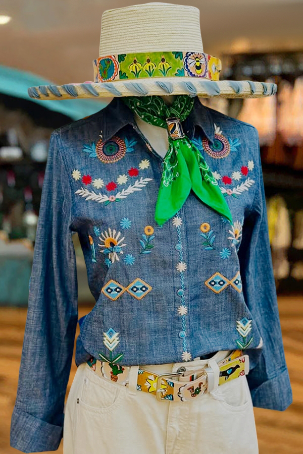 Retro Denim-Style Floral Shirt