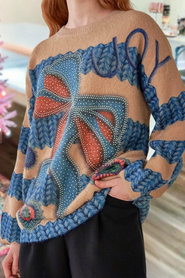 Retro Bow-Tie Round Neck Knit Sweater