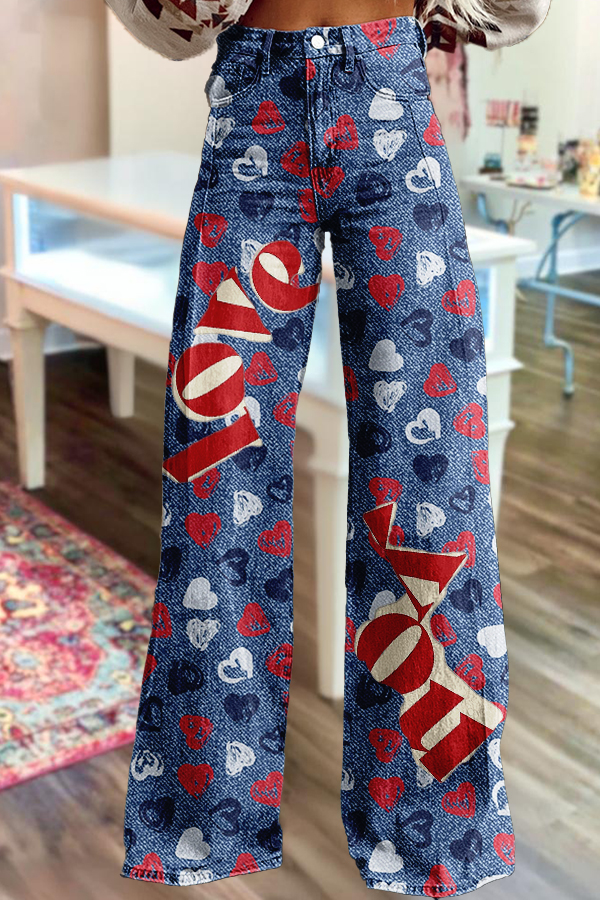Retro Heart-Print Wide-Leg Pants