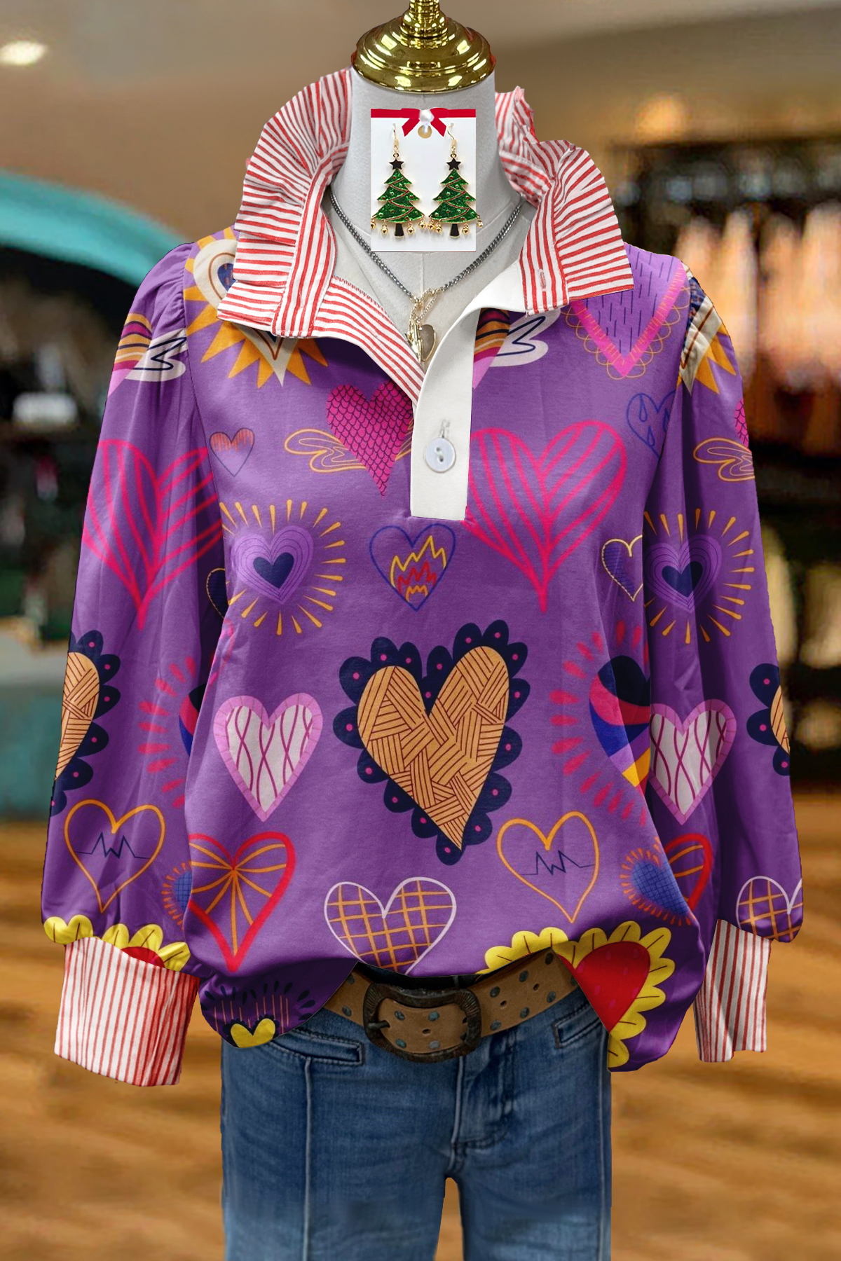 Sweet Heart-Striped Print Ruffled Shirt