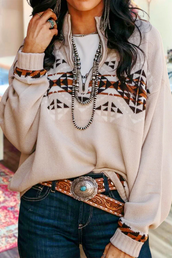 Retro Western Geometric Zipper Sweatshirt