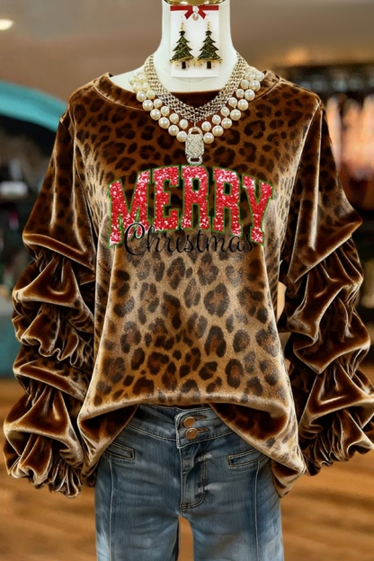 Christmas Classic Leopard Print Pleated Top