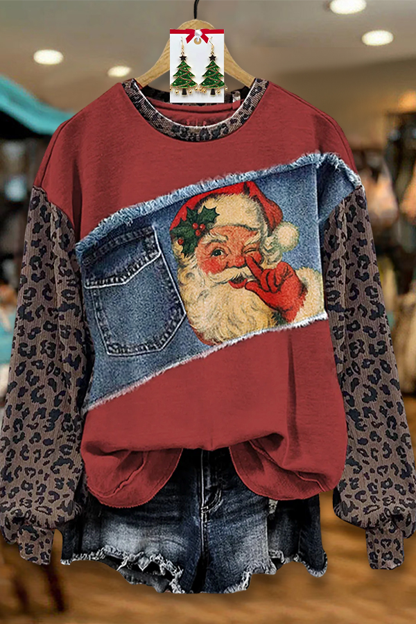 Retro Santa Claus Leopard Print Patchwork Sweatshirt
