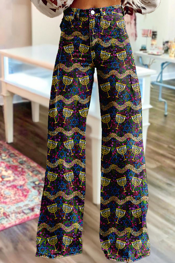 Retro Hanukkah Candle Wide-Leg Pants