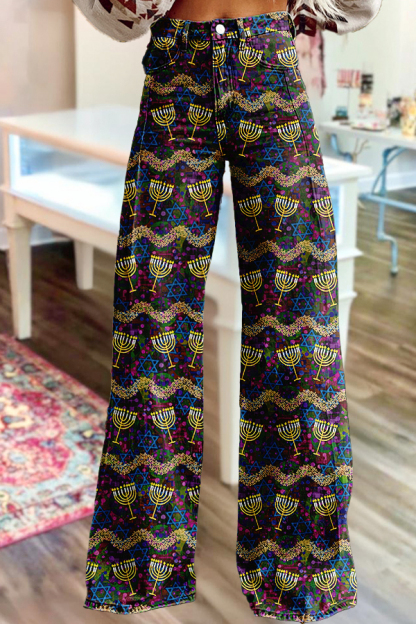 Retro Hanukkah Candle Wide-Leg Pants