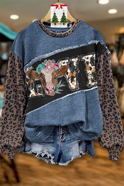 Western-Style Leopard Print Patchwork Sweatshirt