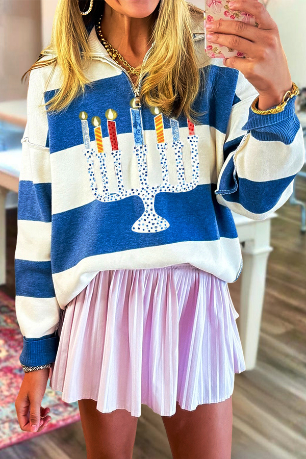 Hanukkah Candle Striped Zip-Up Sweatshirt