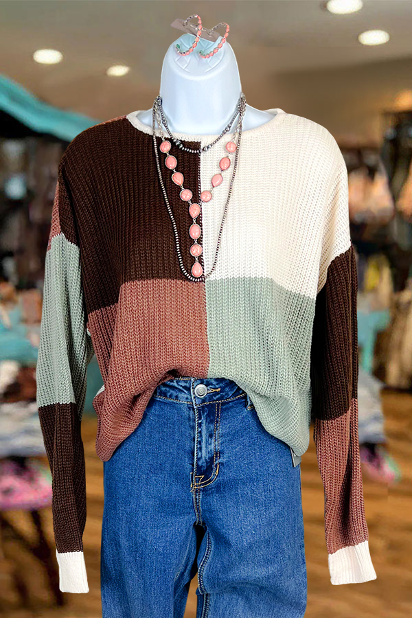 Color-Blocked Plaid Crew Neck Knit Sweater