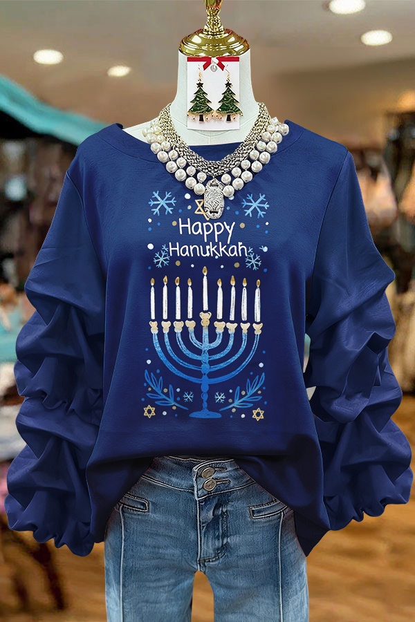 Hanukkah Candlelight Pleated Round Neck Top