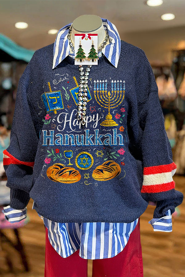 Vintage Hanukkah Candle Print Knit Sweater