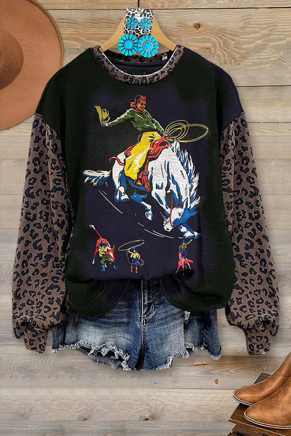Retro Horse Racing Leopard Print Patchwork Sweatshirt
