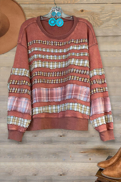 Retro Plaid Print Crew Neck Sweatshirt
