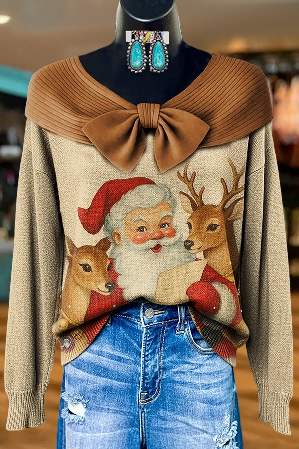 Retro Santa Claus Bow Patchwork Top