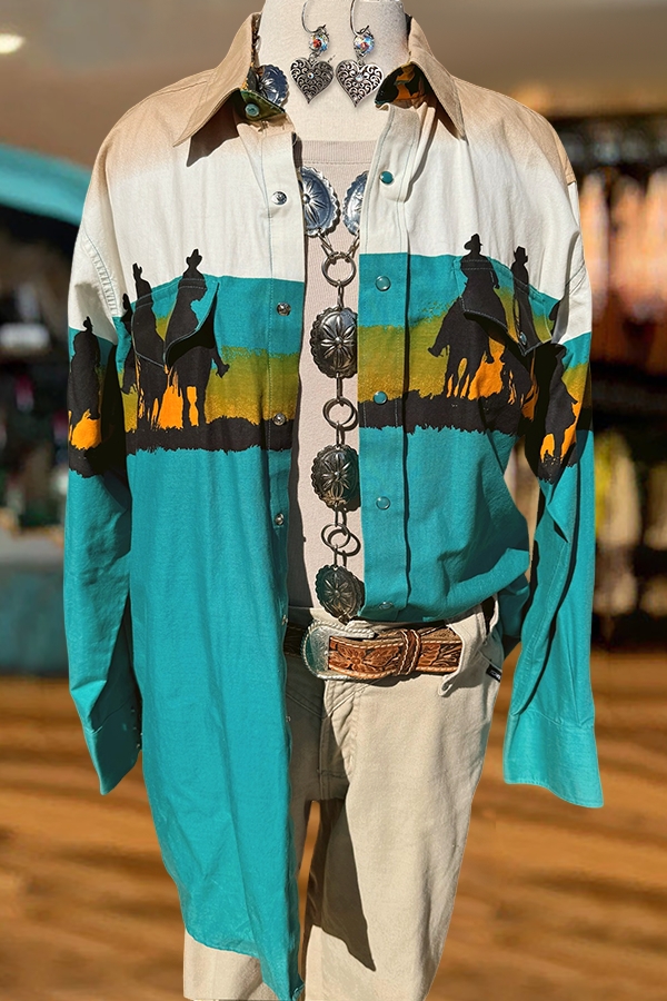Western Retro Print Button-Up Shirt