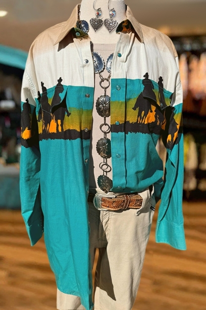 Western Retro Print Button-Up Shirt