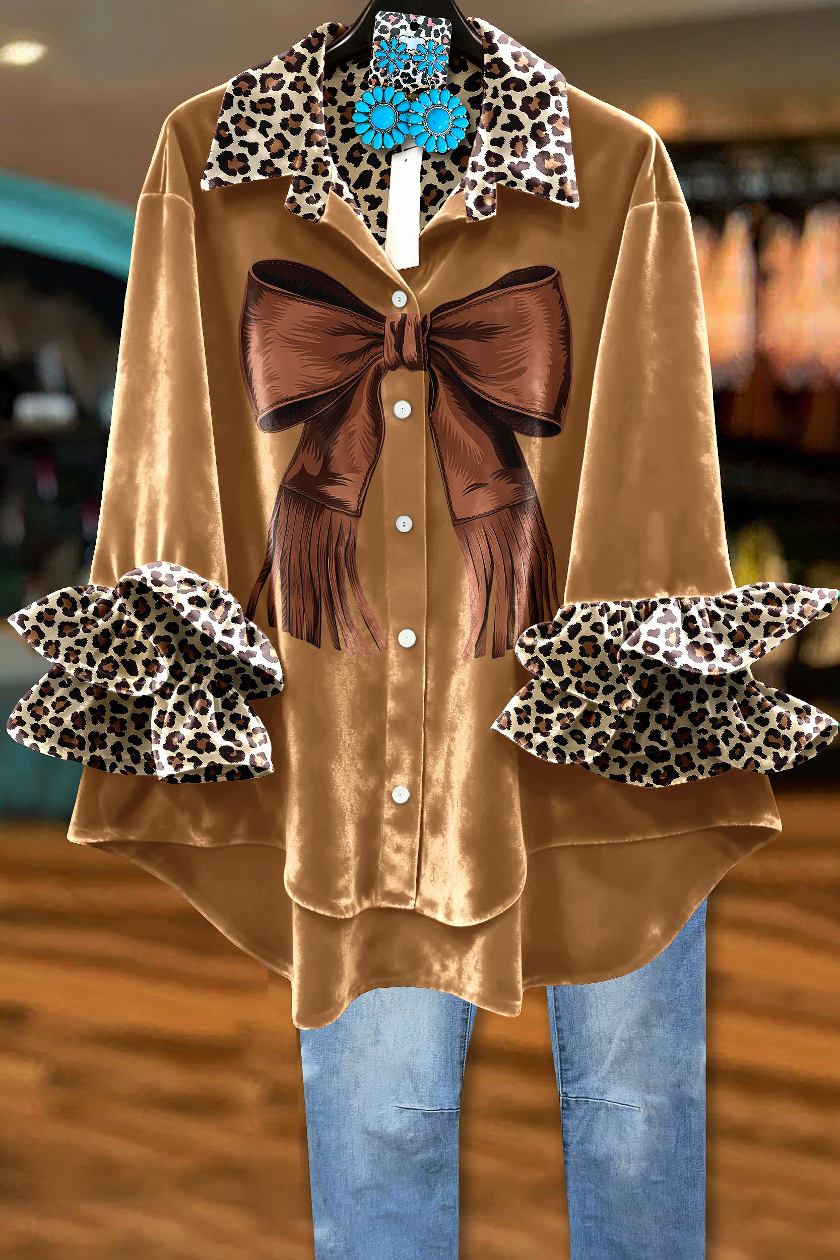 Retro Velvet Leopard Print Bow Ruffle Sleeve Top