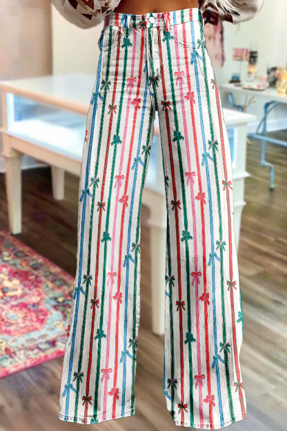 Classic Bow-Tie Striped Wide-Leg Pants
