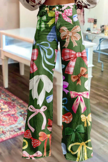 Retro Colorful Bow Print Wide-Leg Pants