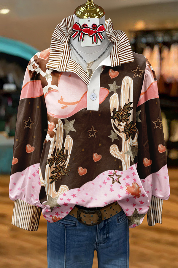 Pink Western Girl Striped Patchwork Shirt