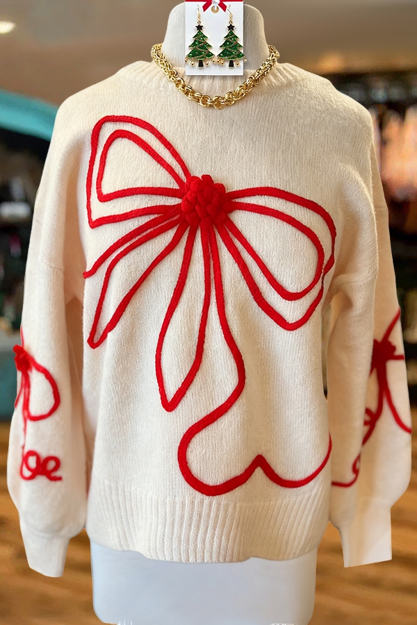 Sweet-Lined Bow-Knit Sweater