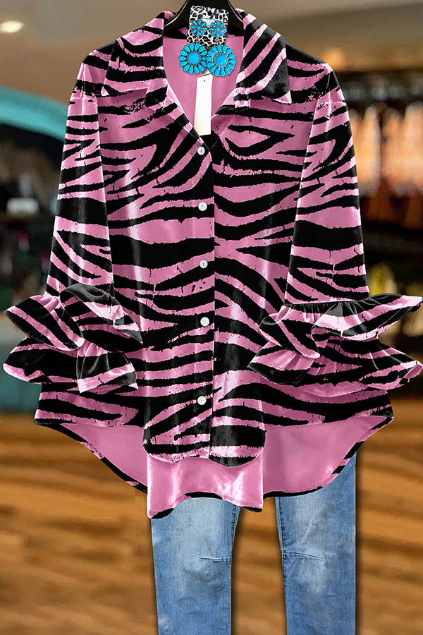 Classic Zebra Print Velvet Ruffle Sleeve Top