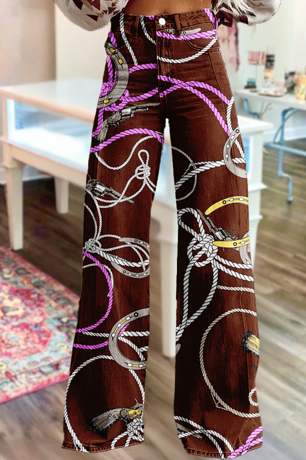 Western Horseshoe Print Wide-Leg Pants