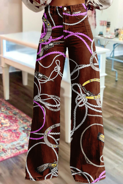 Western Horseshoe Print Wide-Leg Pants