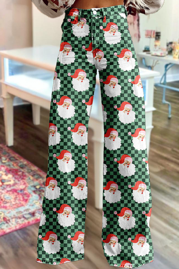 Western Santa Claus Plaid Wide-Leg Pants