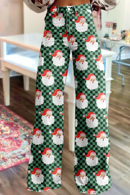 Western Santa Claus Plaid Wide-Leg Pants