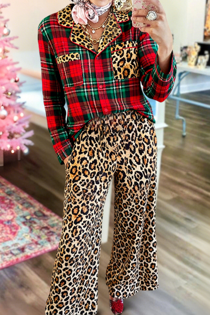 Christmas Plaid Leopard Print Pajama Set